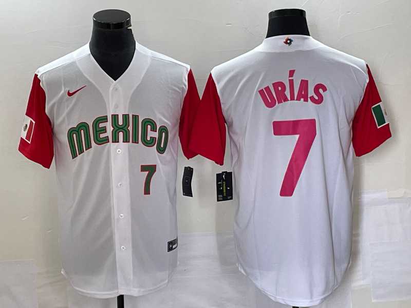 Mens Mexico Baseball #7 Julio Urias Number 2023 White Red World Classic Stitched Jersey24